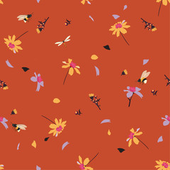 Colorful of pretty daisy floral print  blowing in the wind design with bumble bees seamless pattern in vector for fashion ,fabric ,wallpaper and all prints