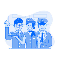 Welcome aboard concept with flight attendants in working uniform. Aircraft or cabin crew with steward, pilot and smiling stewardess offering cookies. Air travel illustration for UI in flat design.