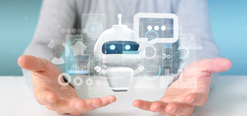 Businessman holding Chatbot with binary code, message and data 3d rendering