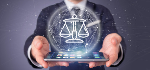 Businessman holding Cloud of justice and law icon bubble with data 3d rendering
