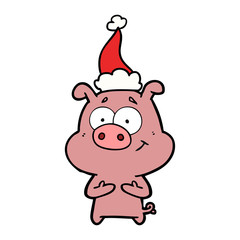 happy line drawing of a pig wearing santa hat