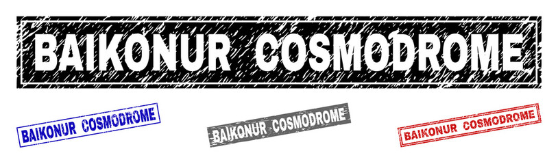 Grunge BAIKONUR COSMODROME rectangle stamps isolated on a white background. Rectangular seals with grunge texture in red, blue, black and gray colors.