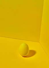 A colored bright yellow egg on a yellow background with copy space and shadow reflection. Easter concept