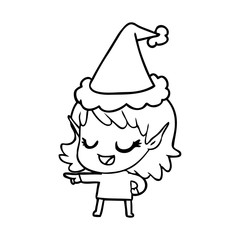 happy line drawing of a elf girl pointing wearing santa hat