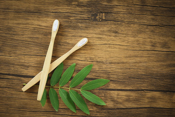 Zero waste Bathroom use less plastic concept / bamboo toothbrush and green leaf on rustic background