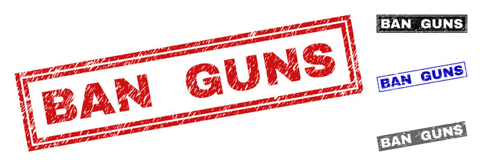 Grunge BAN GUNS rectangle stamp seals isolated on a white background. Rectangular seals with grunge texture in red, blue, black and gray colors.