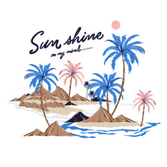 Fototapeta na wymiar Beautiful vector of summer island relax vibes ,palm, tree, ocean,wave,mountain,beach design for Tshirt,fashion,cover,web and all graphic use