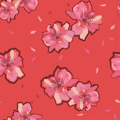 Summer japanese garden red  blooming sakura or cherry blossom flowers. Vector seamless pattern. Illustration for fabrics,and all prints