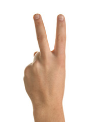 Fototapeta premium Male hand showing two fingers on white background