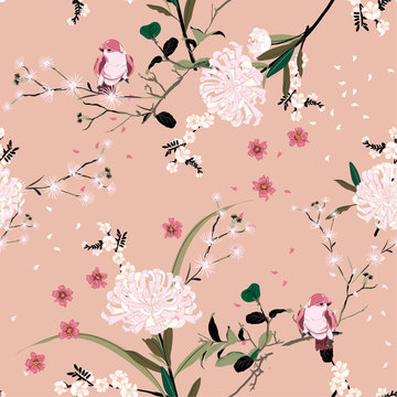 Sweet mood of oriental garden flower with blooming botanical and cherry bloosom florals seamless pattern vector design for fashion ,fabric,wallpaper, and all prints