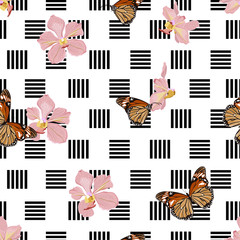 Fototapeta premium Beautiful Vector of butterflies and orchid flowers on geometric line seamless pattern design for fashion, fabric ,wallpaper,web,and all prints
