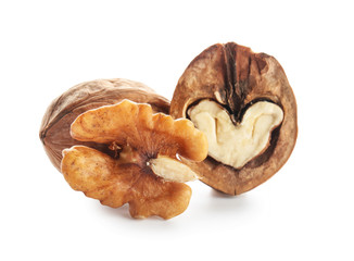 Tasty walnuts on white background