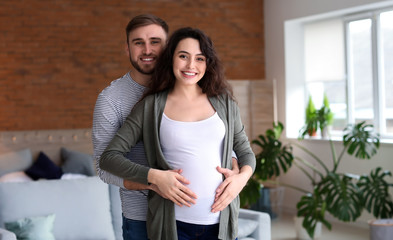 Portrait of happy pregnant couple at home