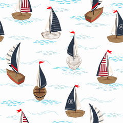 Fototapety  Modny letni wzór w ręcznie rysowane łodzi wektorowej na projekt oceanu dla mody, tkaniny, sieci, tapet i wydruków