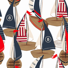 Fototapety  Piękna, ręcznie rysowana łódź na wzór oceanu w projektowaniu wektorowym dla mody, tkaniny, sieci, tapet i wydruków