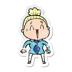 distressed sticker of a cartoon happy old lady