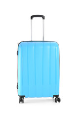 Packed suitcase on white background