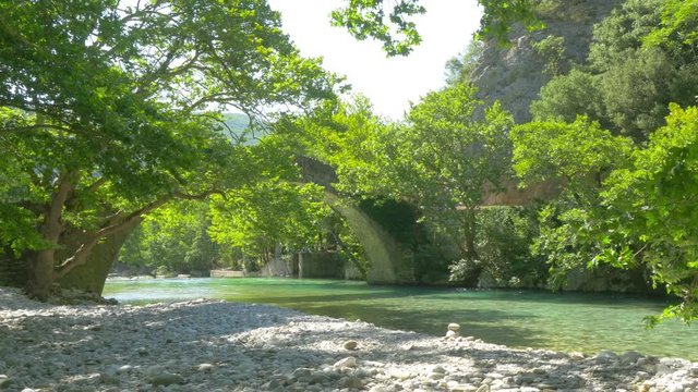 View of the old stone bridge Noutsos located in central Greece, Zagori, Europe