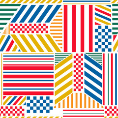 Fototapeta premium Bright Colorful trendy geometric pattern with bright bold stripe blocks mix with checkered modern style elements design for fashion advertising,web,fabric wallpaper and all prints