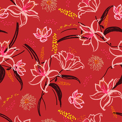 Seamless pattern in vector hand brushed watercolor ,Hand painting lily and blooming flowers design for fashion,fabric,wallpaper,web and all prints