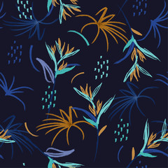 Color contrast Hand drawn art illustration  Artistic abstract watercolor brush seamless pattern. Hand drawn sketch tropical bird of paradise palm leaves, texture, splatter, brush strokes