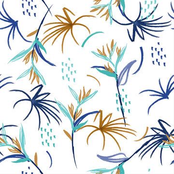 Artistic abstract watercolor brush seamless pattern. summer Hand drawn art illustration   Hand drawn sketch tropical bird of paradise palm leaves, texture, splatter, brush strokes