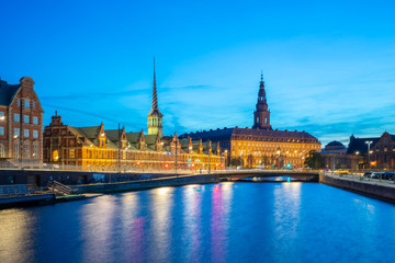 Night view on Christiansborg Palace in Copenhagen, Denmark