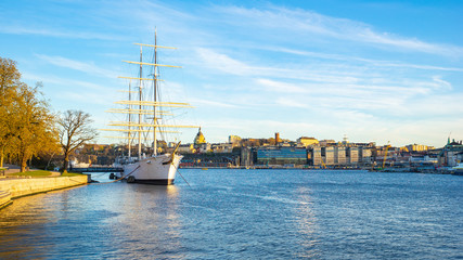 Stockholm cityscape with a ship in Stockholm city, Sweden