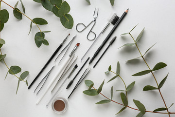 Set of tools for eyebrows correction and tropical branches on white background