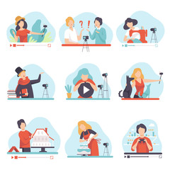 Blogging and Vlogging Set, People Demonstrating their Skills Through Internet, Bloggers Talking about Poetry, Cookery, Needlework, Construction, Travel Vector Illustration