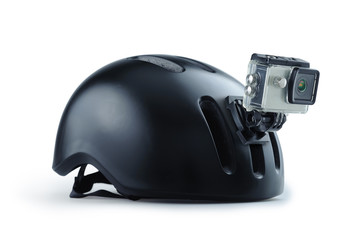 Bicycle helmet with front action camera isolated on background