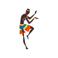 Young African Man Dancing, Aboriginal Dancer in Bright Ornamented Ethnic Clothing Vector Illustration