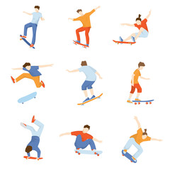 Set of skateboarders doing various tricks isolated on white background