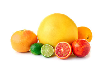 Assortment of tasty exotic fruits on white background
