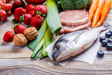 Pegan diet foods on wooden table