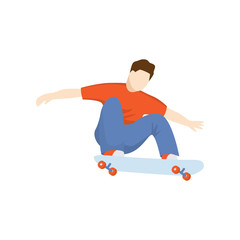 Skateboarder rides sitting on skate isolated against white background