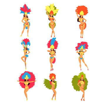 Collection of Beautiful Girls Wearing Bright Festival Costumes Dancing, Brazilian Carnival Samba Dancers, Rio de Janeiro Festival Vector Illustration