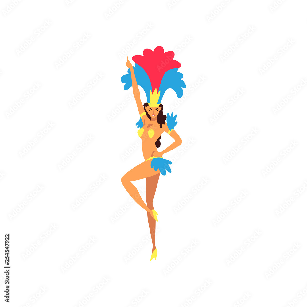 Sticker Girl Wearing Colorful Festival Costume Dancing, Brazilian Samba Dancer, Rio de Janeiro Carnival Vector Illustration