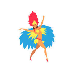 Beautiful Young Woman in Colorful Bright Festival Costume Dancing Samba, Brazilian Carnival Dancer, Rio de Janeiro Festival Vector Illustration