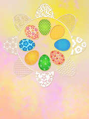 easter eggs with ornaments on the colored background