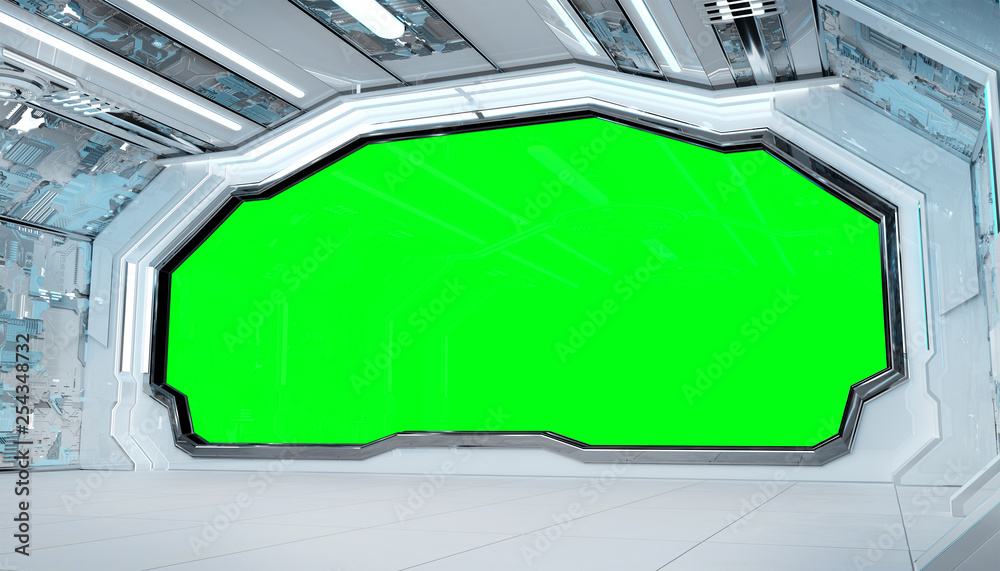 Poster white blue spaceship futuristic interior mockup with window view 3d rendering