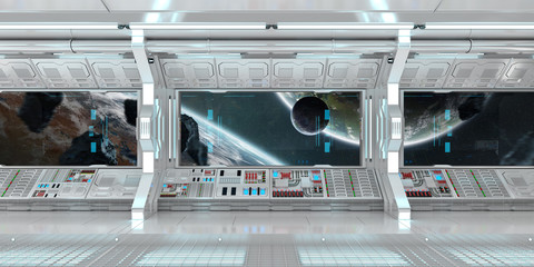 White spaceship interior with large window view 3D rendering