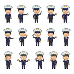 Set of airline pilot characters showing various hand gestures. Funny captain pointing, greeting, showing thumb up, victory, stop sign and other hand gestures. Simple vector illustration