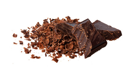 Broken chocolate. Heap of ground and grated chocolate isolated on white background