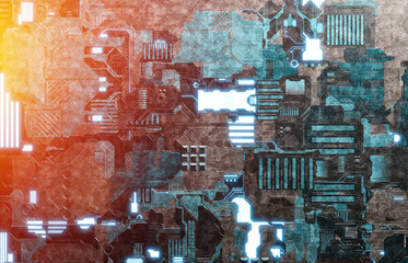 Futuristic blue and orange tech panel background with lots of details