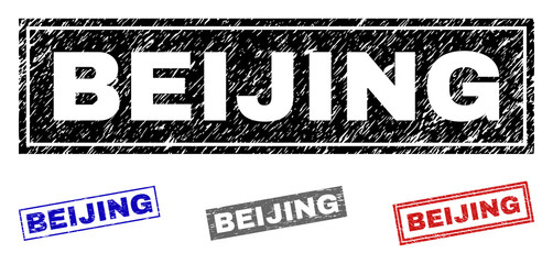 Grunge BEIJING rectangle stamp seals isolated on a white background. Rectangular seals with grunge texture in red, blue, black and gray colors.