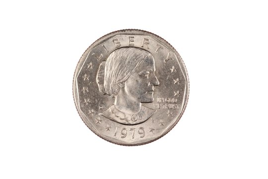 A close up image of an isolated Susan B, Anthony one dollar coin on a white background