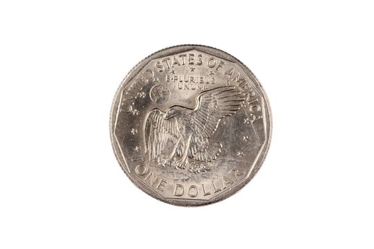 A close up image of an isolated Susan B, Anthony one dollar coin on a white background