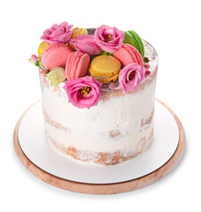 Sweet cake with floral decor on white background