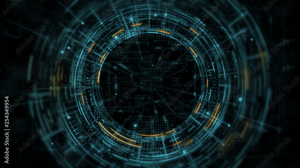 Wall mural 3d rendering of abstract technology product showcase. glowing yellow and blue color sci-fi circle ci